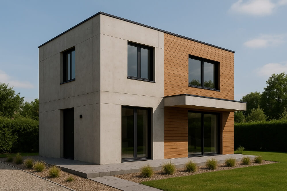 dom kostka z wykorzystaniem drewna i betonu