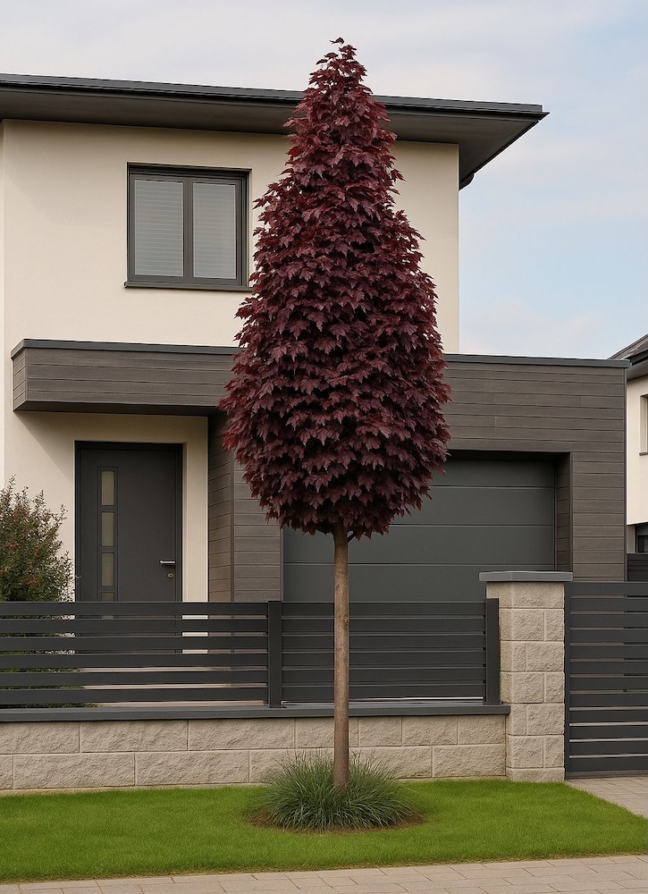 drzewa ozdobne przed domem - klon Crimson Sentry