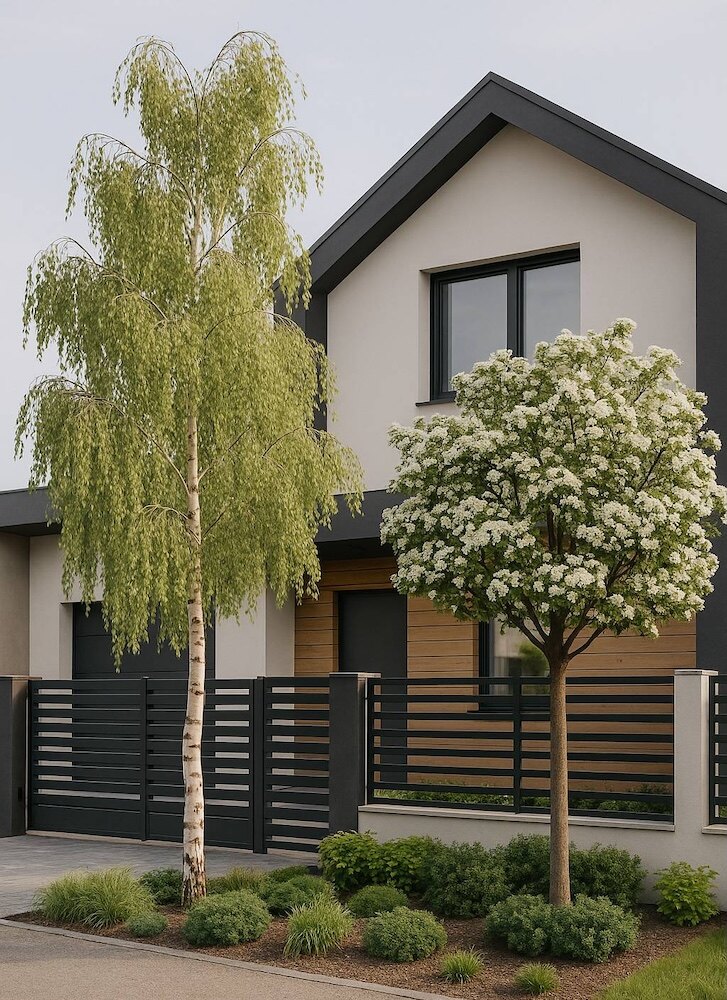 drzewa ozdobne przed domem - brzoza z głogiem 