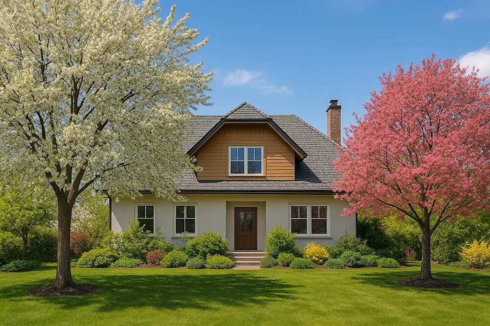 drzewa ozdobne przed domem z ogrodem 