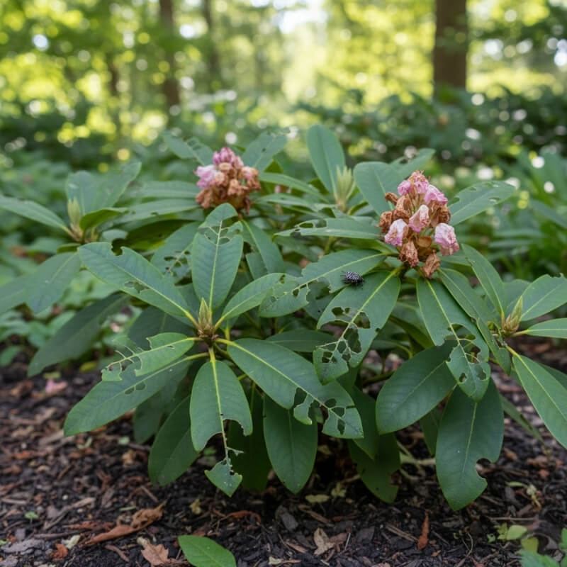 półkoliste wygryzienia na liściach rododendronów okrągłe dziury w liściach rododendronów