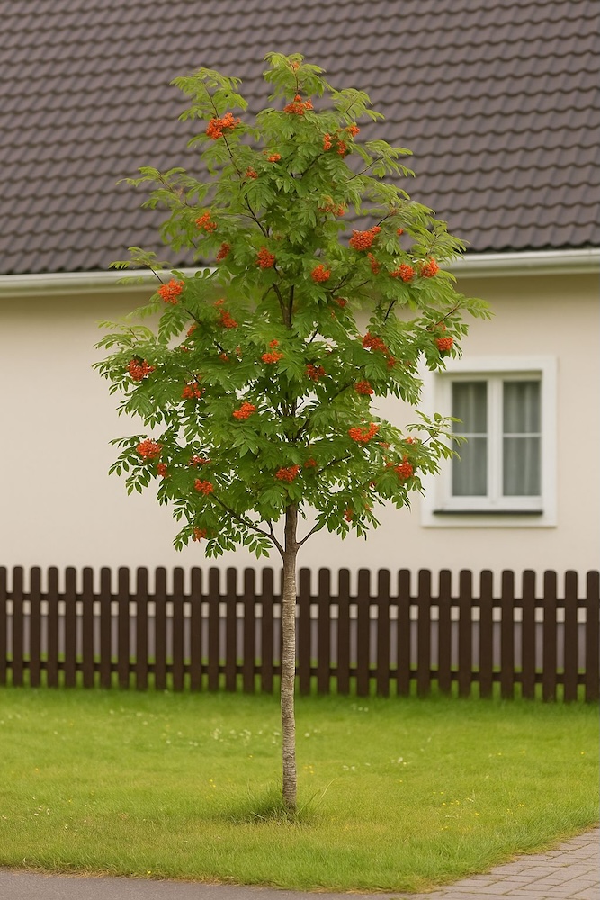 jarząb rosnący na trawniku w ogrodzie 