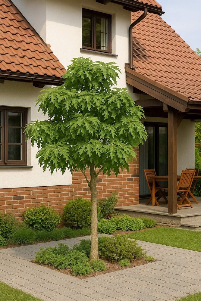 kasztanowiec obok tarasu przed domem z białą elewacją 