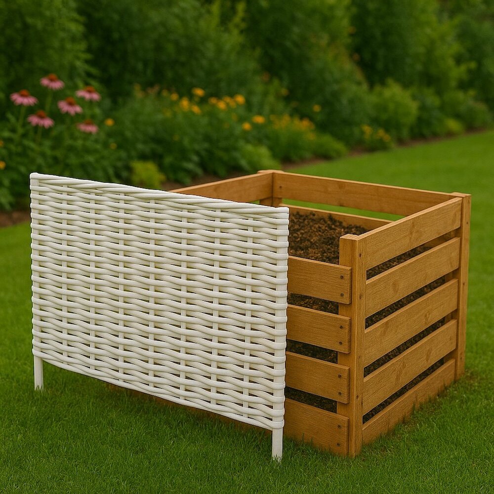 kompostownik za zasłonką z białej wikliny 