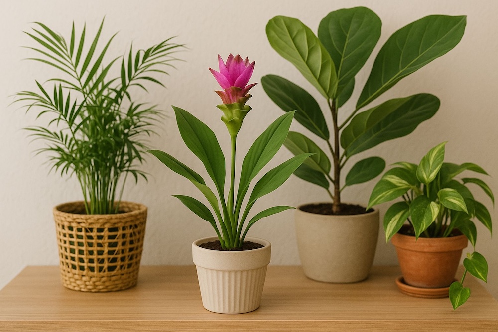 kwiat kurkuma i kolekcja roślin w doniczkach 