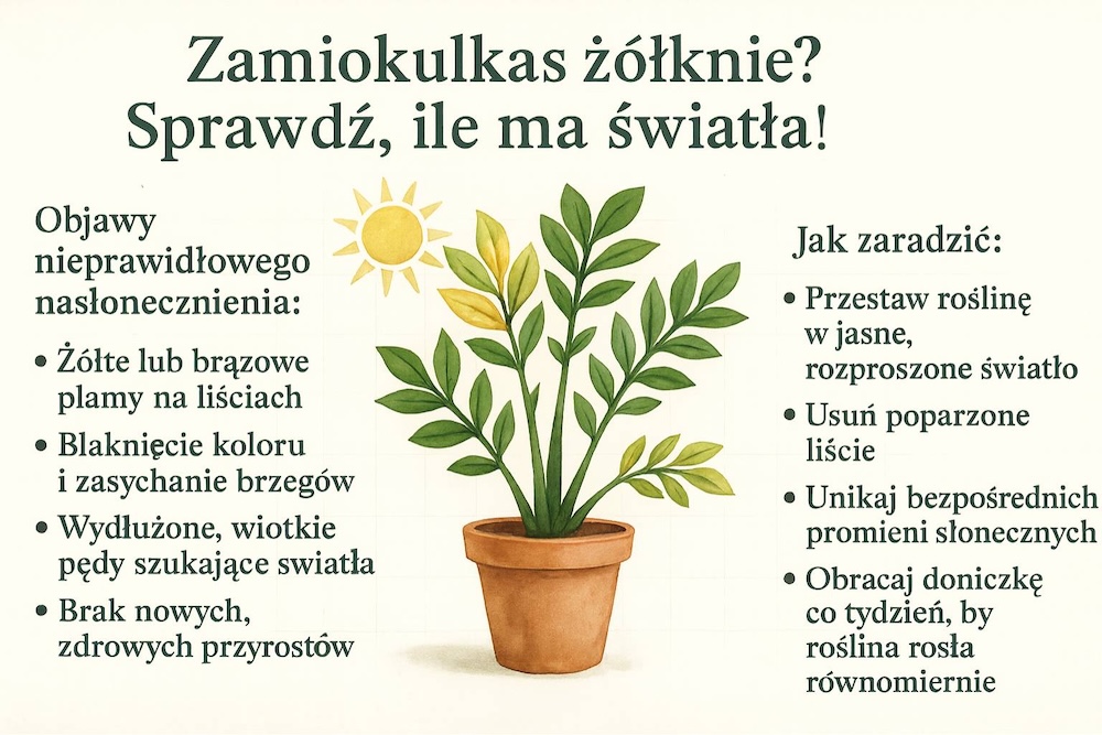 kwiat zamiokulkas żółknie z powodu niedostosowanego światła 