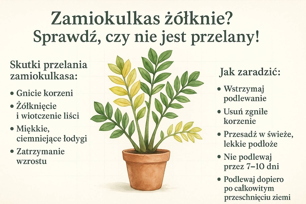 kwiat zamiokulkas żółknie z powodu przelania 