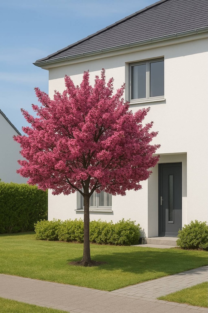 śliwa kwitnąca na różowo przed nowoczesnym domem 
