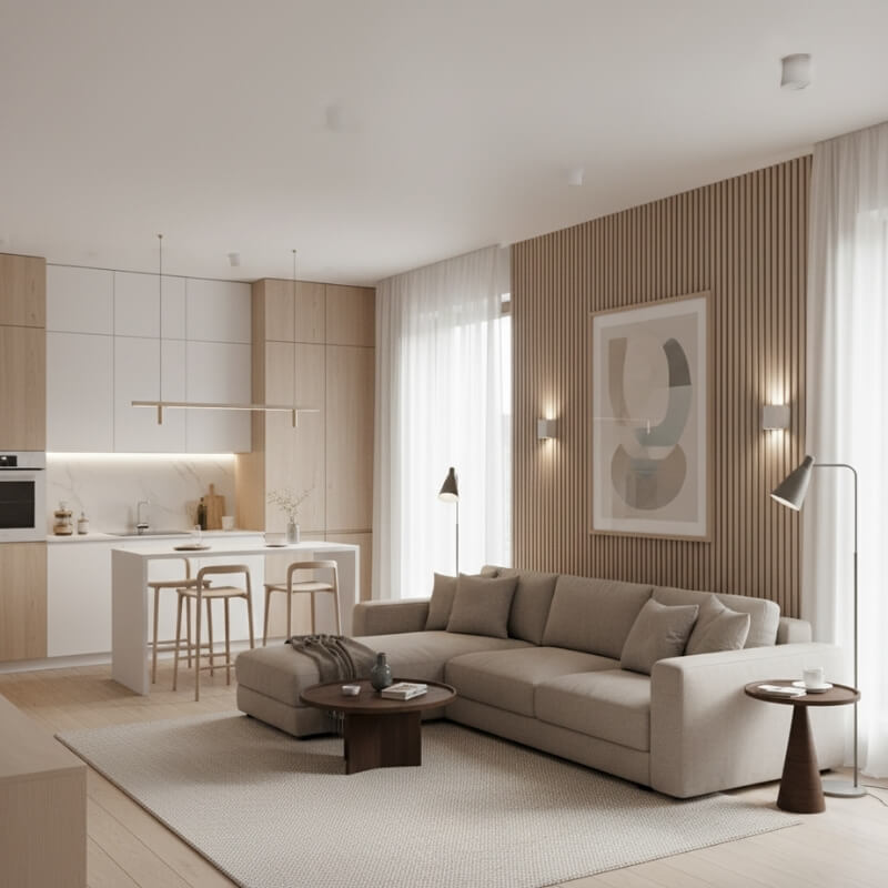 kuchnia z salonem z elementami drewna