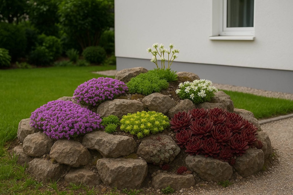 mały skalniak z roślinami okrywowymi 