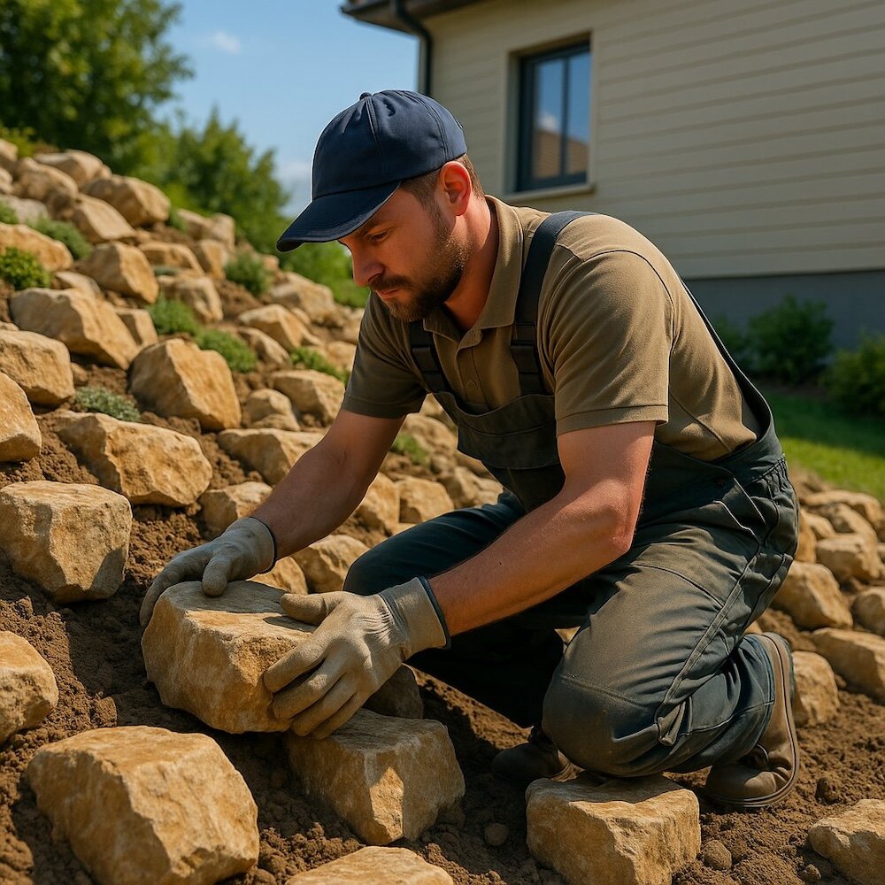 mężczyzna układający kamienie na skalniak 