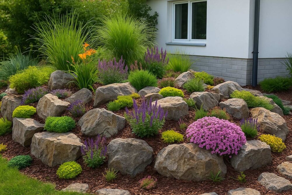 najpiękniejsze skalniaki - zdjęcia z nieregularnymi kamieniami i trawami 