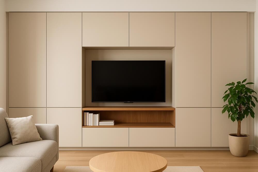 niewidoczna szafa w salonie wbudowana w meblościankę