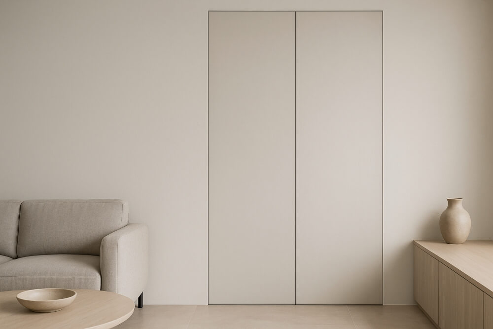 niewidoczna szafa w salonie w kolorze sciany