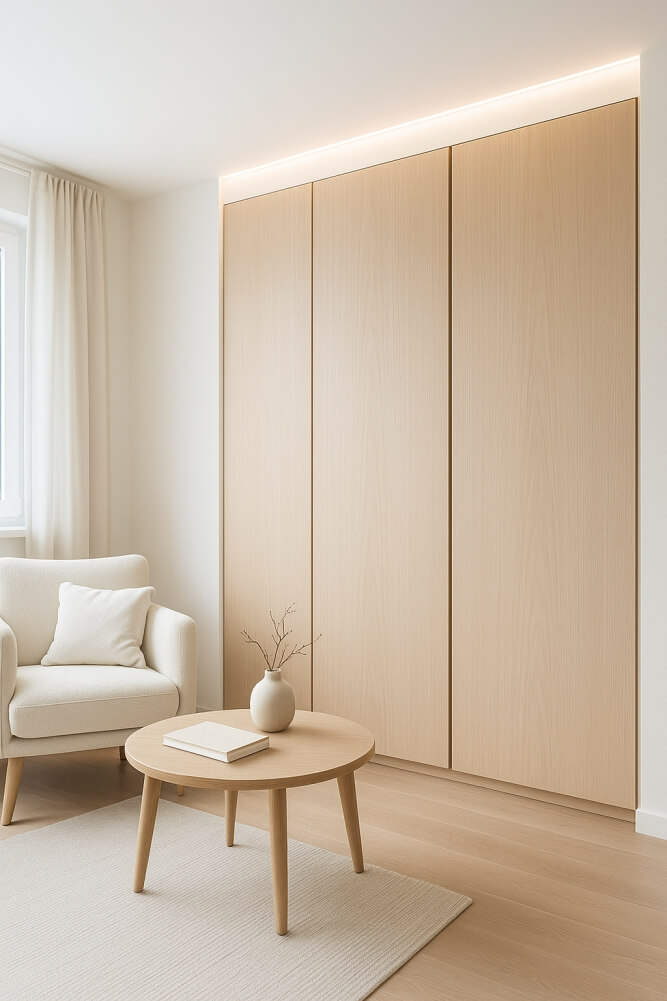 ukryta szafa w salonie w stylistyce skandynawskiej