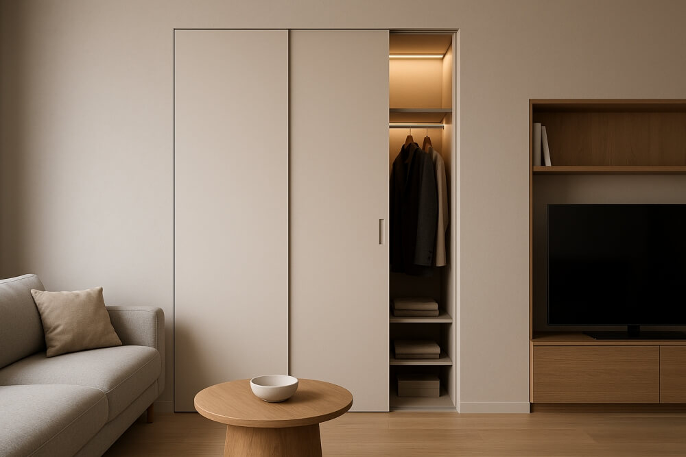 niewidoczna szafa w salonie ukryta we wnęce