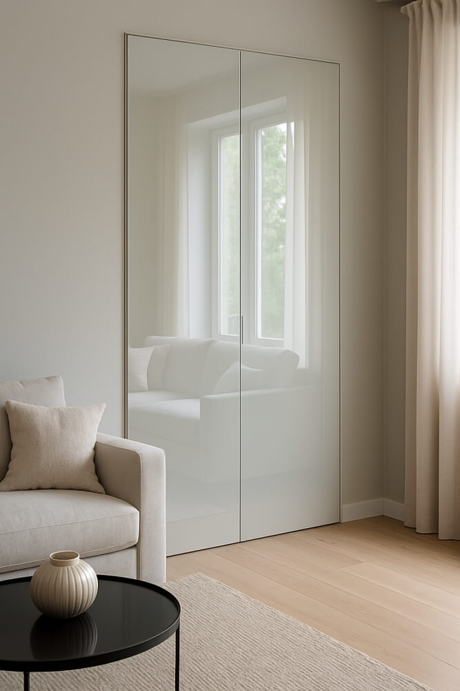 niewidoczna szafa w salonie z błyszczącymi frontami