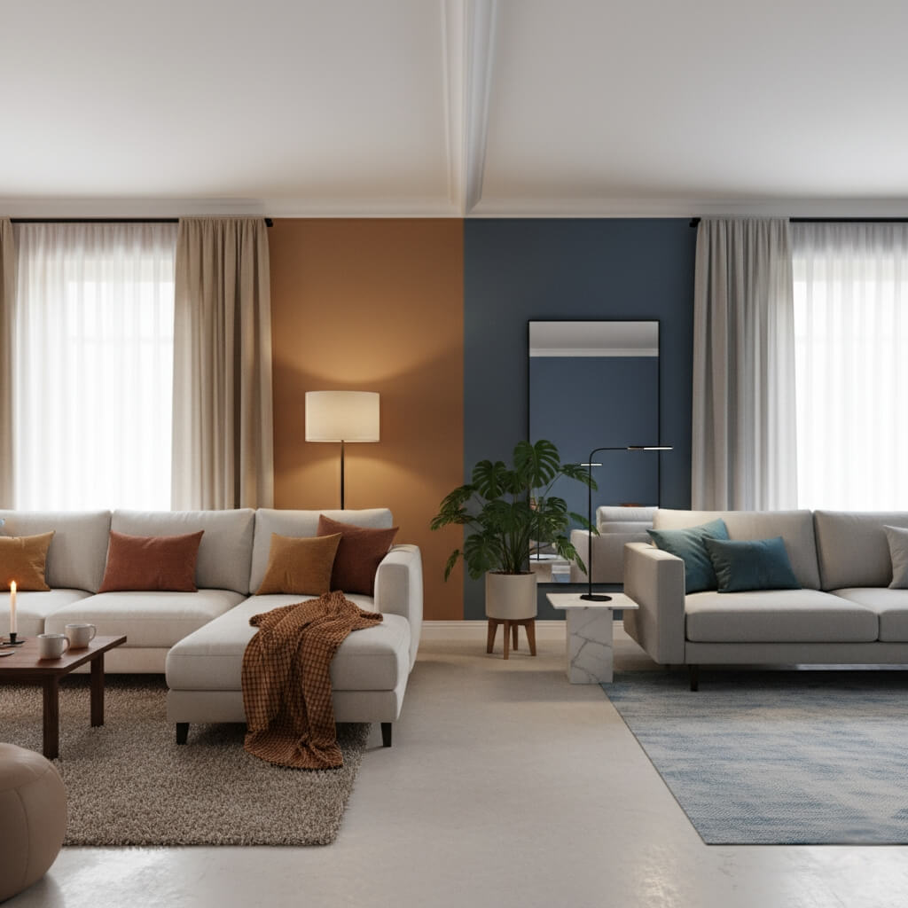 piękny salon jasnych i ciemnych barwach