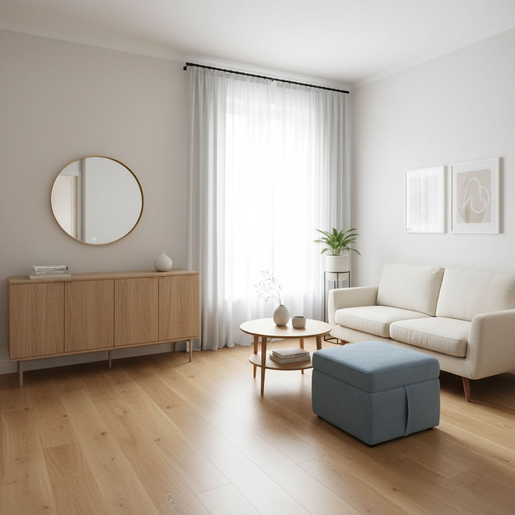 piękny salon z jasnymi zasłonami