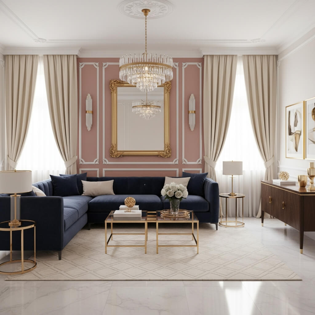 piękny salon z elementami stylu glamour