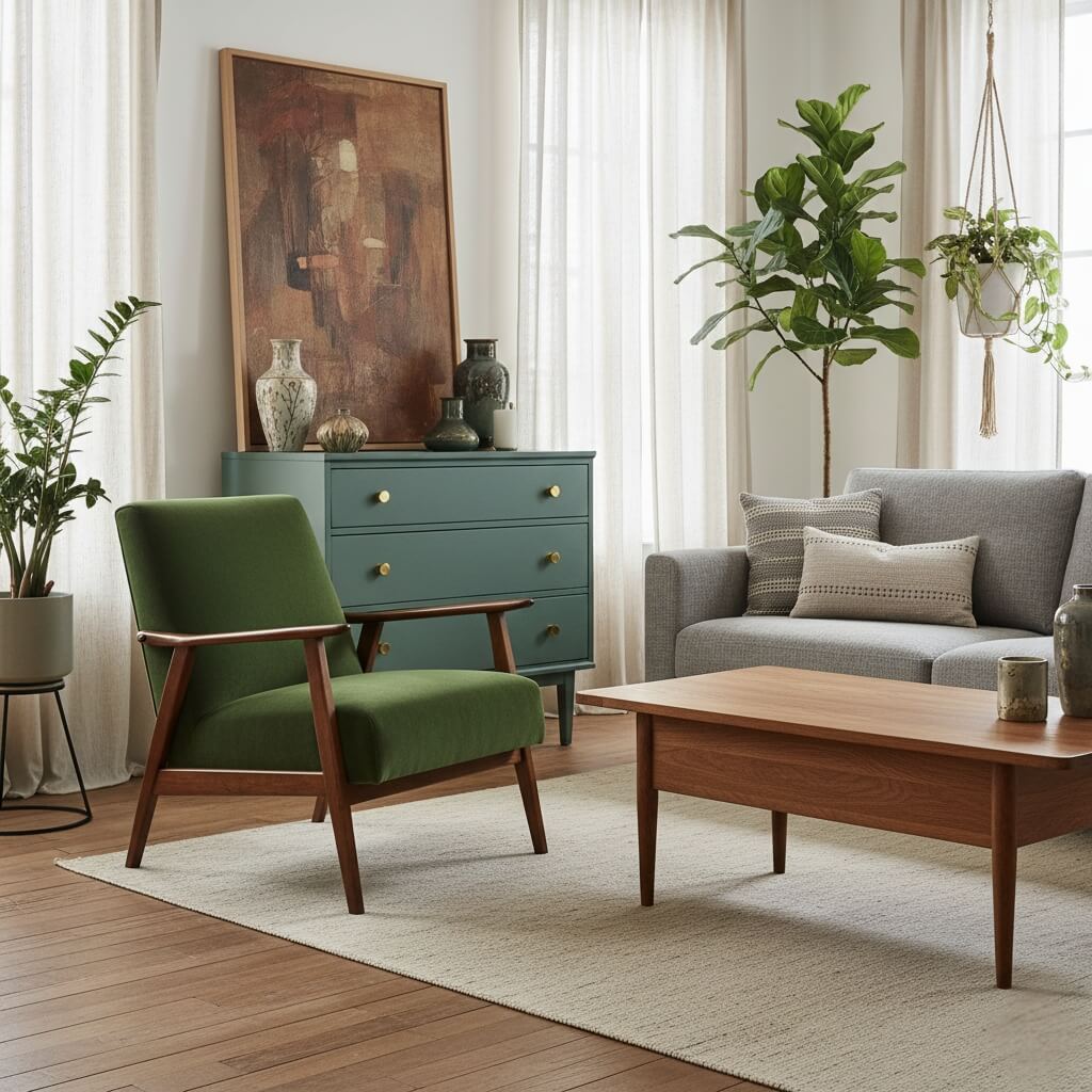 piękny salon z meblami z drugiej ręki