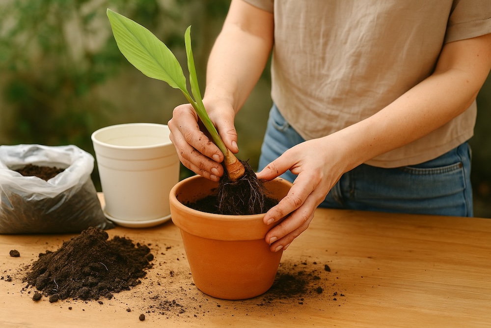 przesadzanie kurkumy do nowej doniczki 