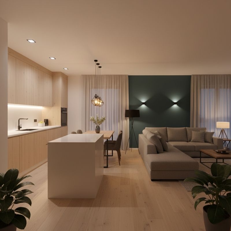 mały salon z kuchnią z różnymi źródłami światła