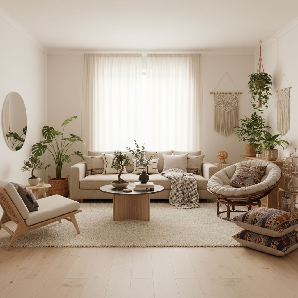 jasny salon w stylu boho