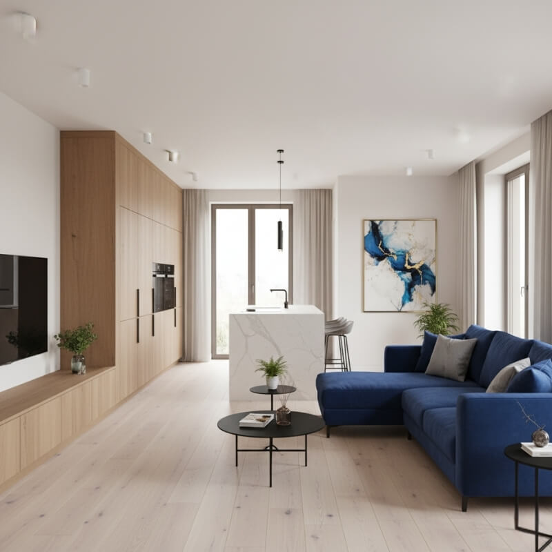 salon z aneksem kuchennym 22m2 z granatowym akcentem