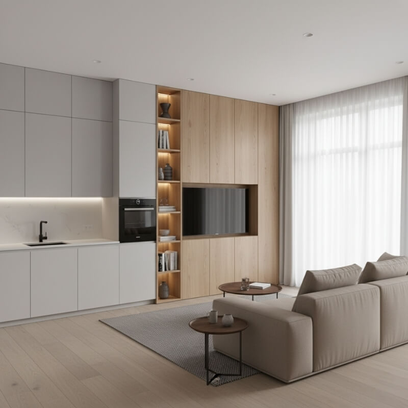 salon z aneksem kuchennym 22m2 z szafkami zabudowanymi pod sufit