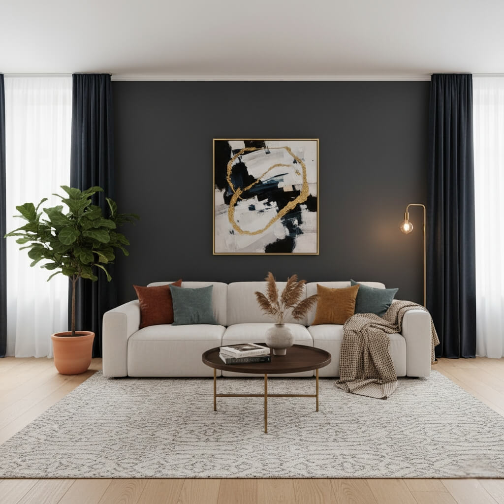 jasny salon z czarną ścianą