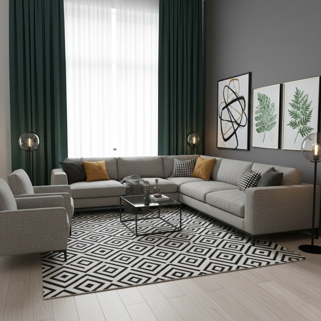 salon z poduszkami z motywem geometrycznym