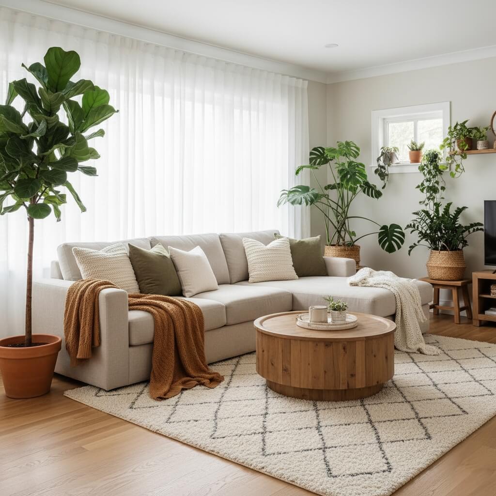 jasny salon z roślinnością