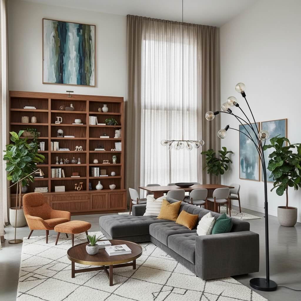 nowoczesny salon z wysokim sufitem