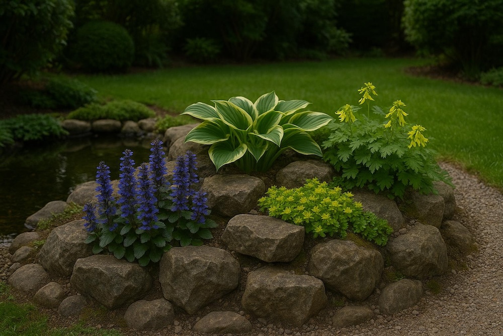 mały skalniak w cieniu z roślinami 