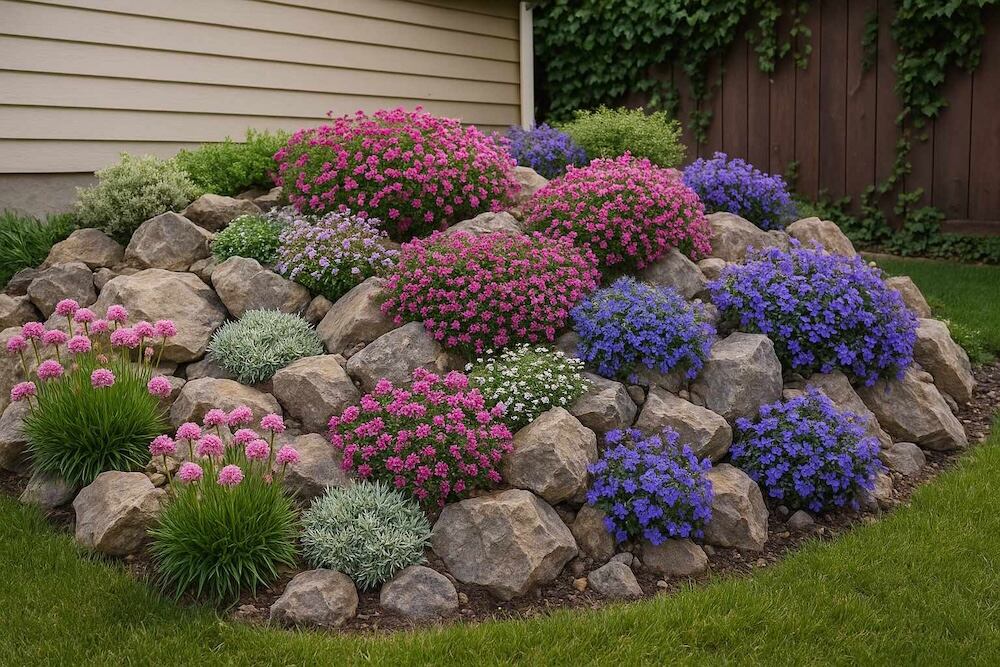 skalniak z kolorowymi kwiatami sezonowymi 