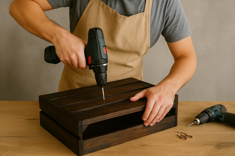 montaż elementów w stoliku ze skrzynki DIY