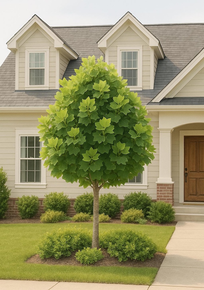 ozdobny tulipanowiec przed eleganckim domem 