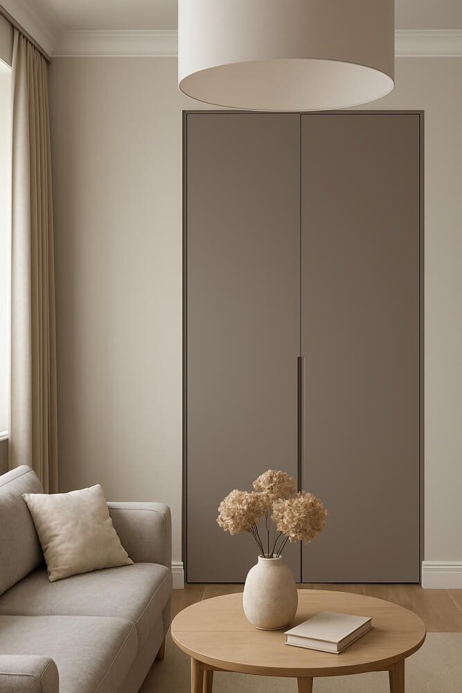 niewidoczna szafa w salonie z lekko kontrastującymi drzwiami