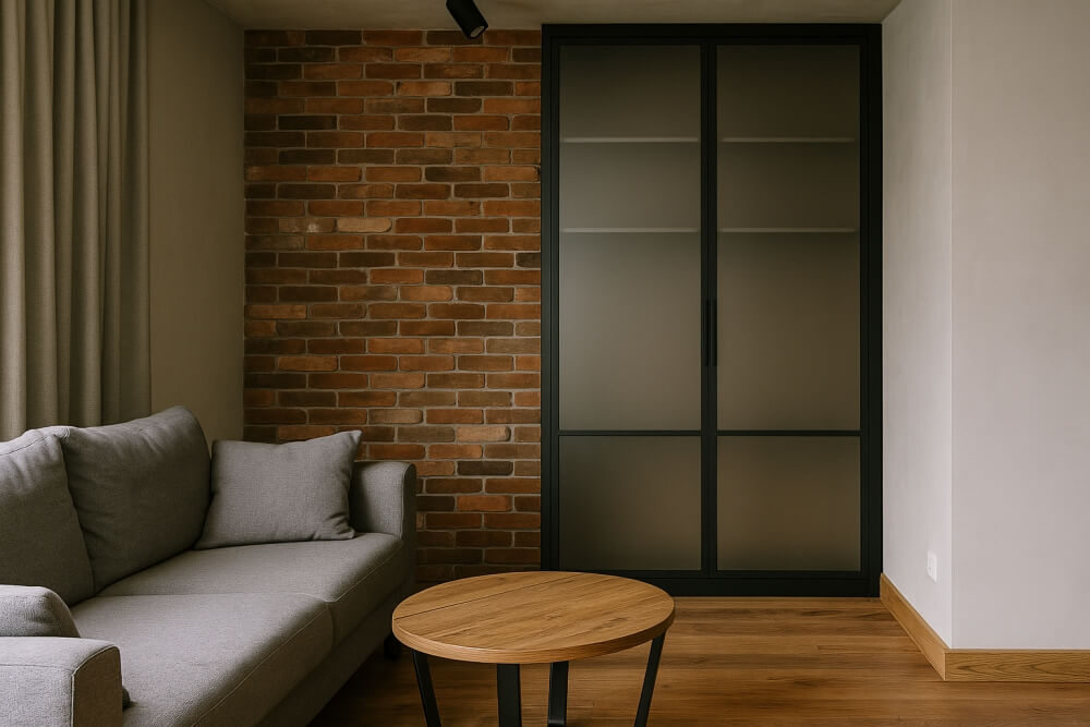 ukryta szafa w salonie w stylistyce industrualnej