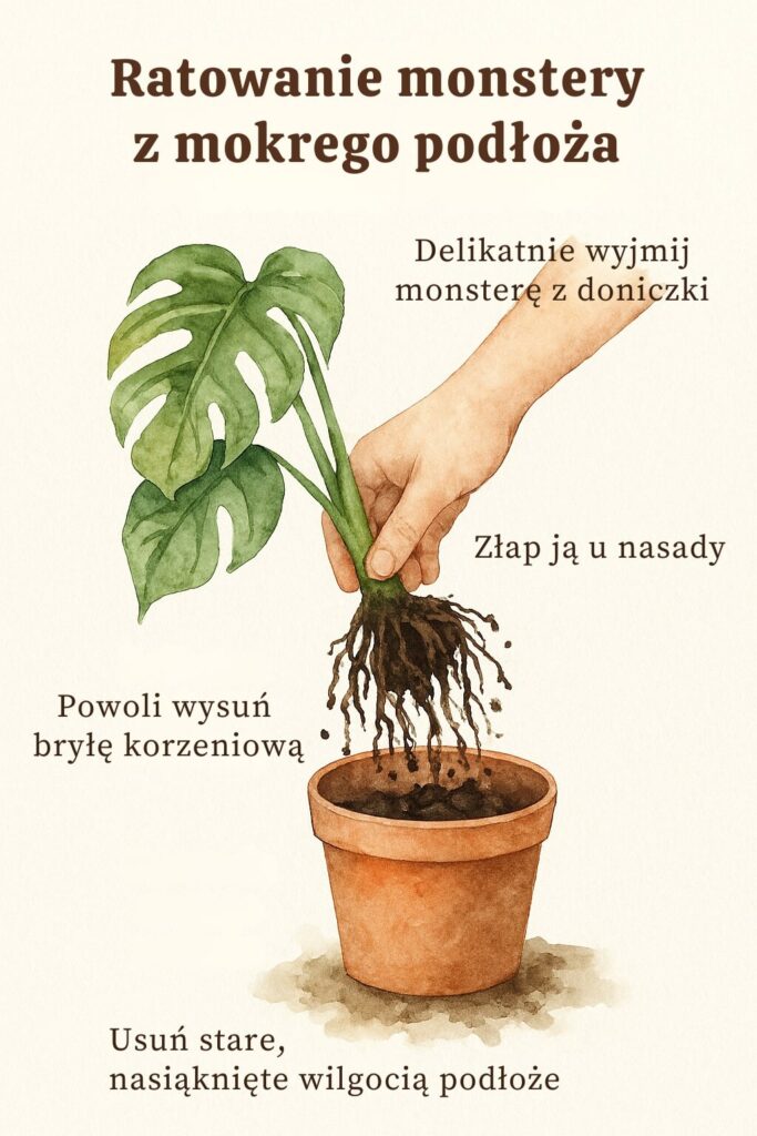 wyjmowanie przelanej monstery z mokrej ziemi ratunek przelanej monstery z mokrego podłoża