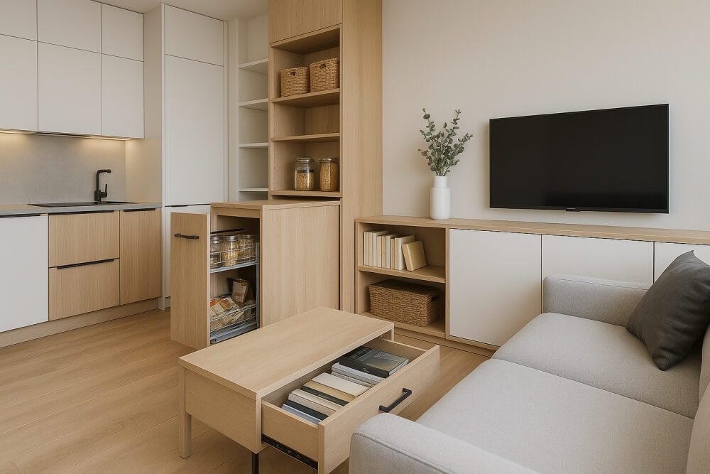 mała kuchnia z salonem 20m2 z miejscem do przechowywania