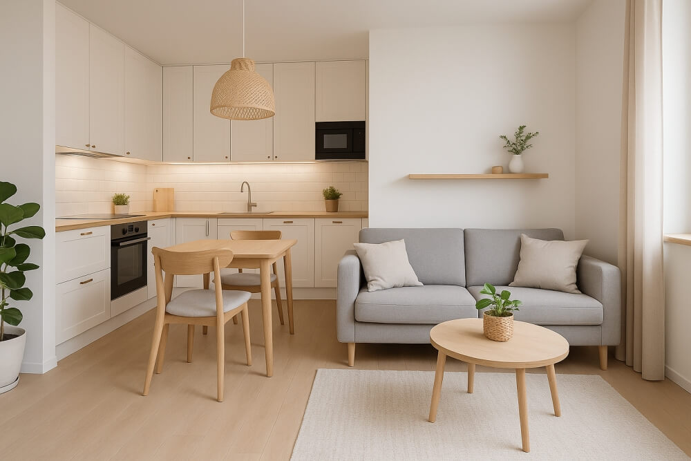 styl skandynawski w małej kuchni z salonem