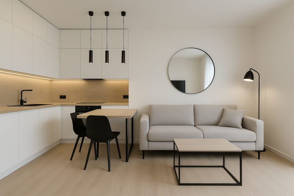 mała kuchnia z salonem 20m2 utrzymana w stylistyce minimalistycznej