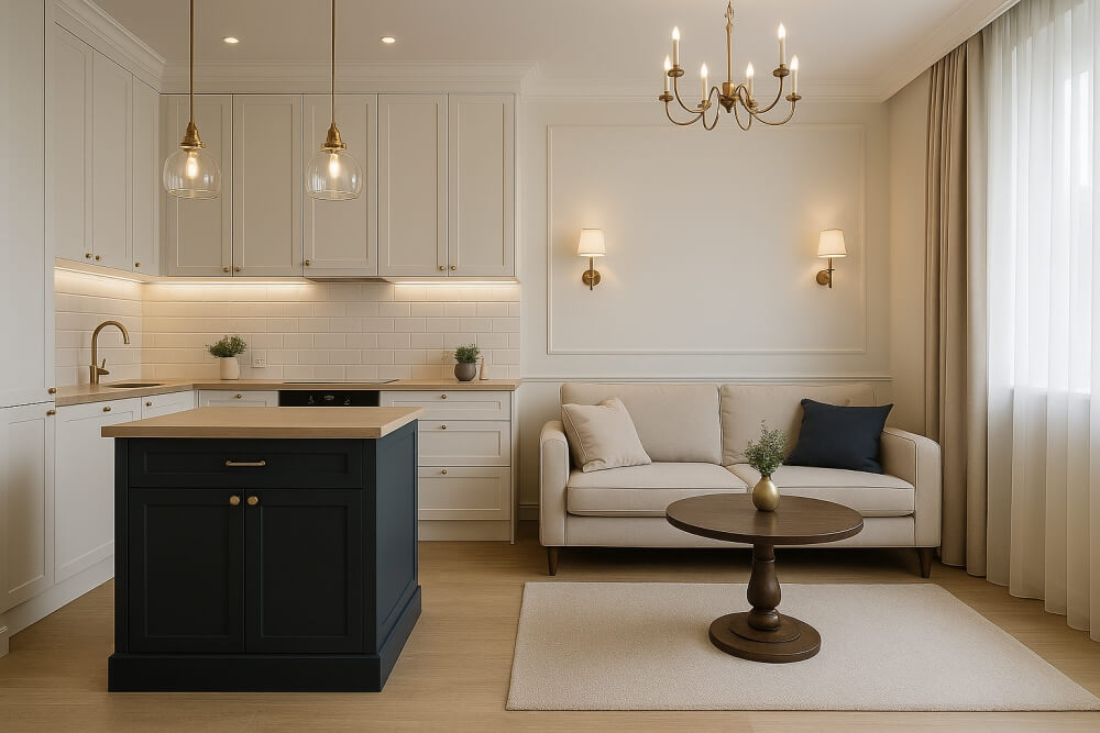 styl klasyczny w małej kuchni z salonem