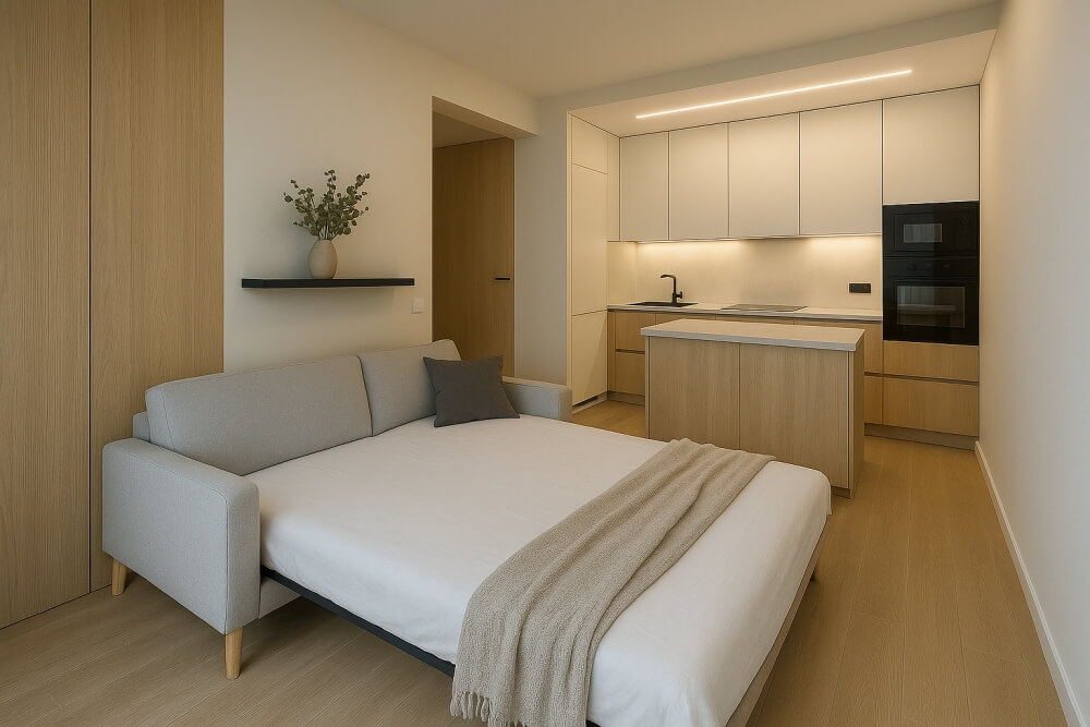 mała kuchnia z salonem 20m2 z sofą z funkcją spania